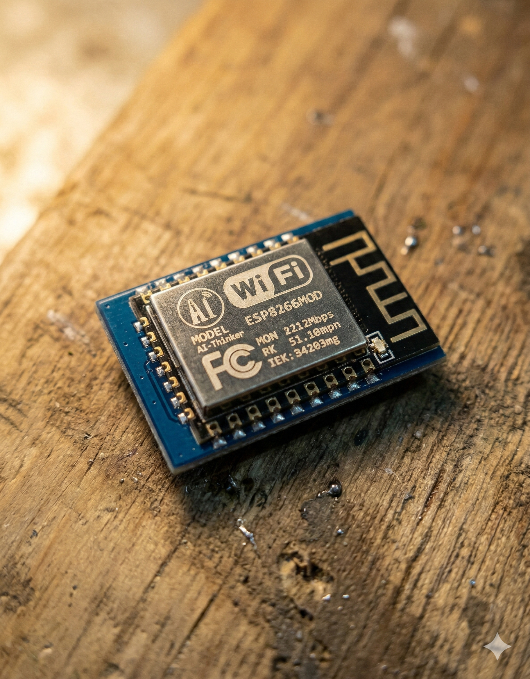 Close-up of ESP8266 microcontroller soldered on circuit board