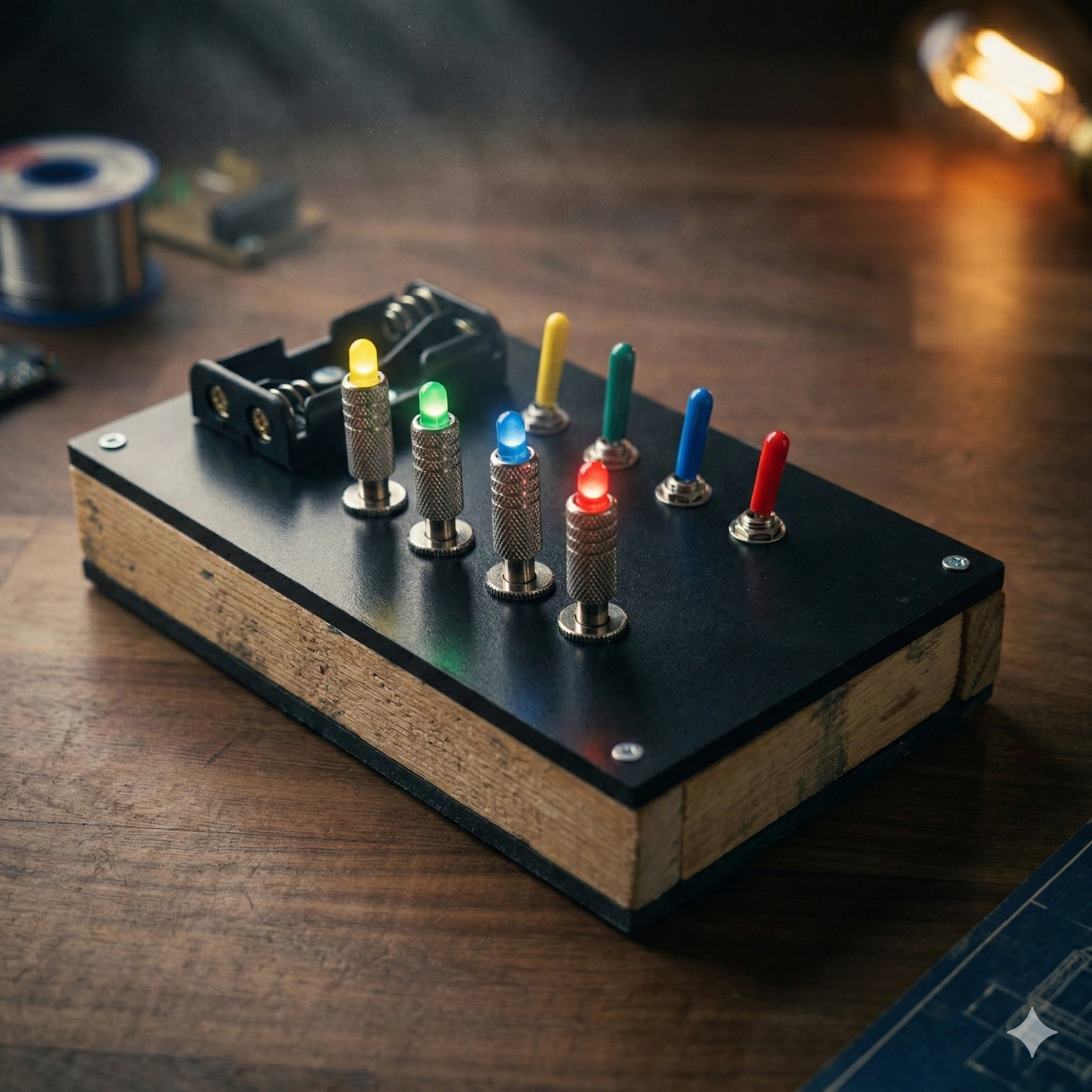 The Turing Box — handcrafted wooden magic switchboard trick with 4 switches and LED indicators